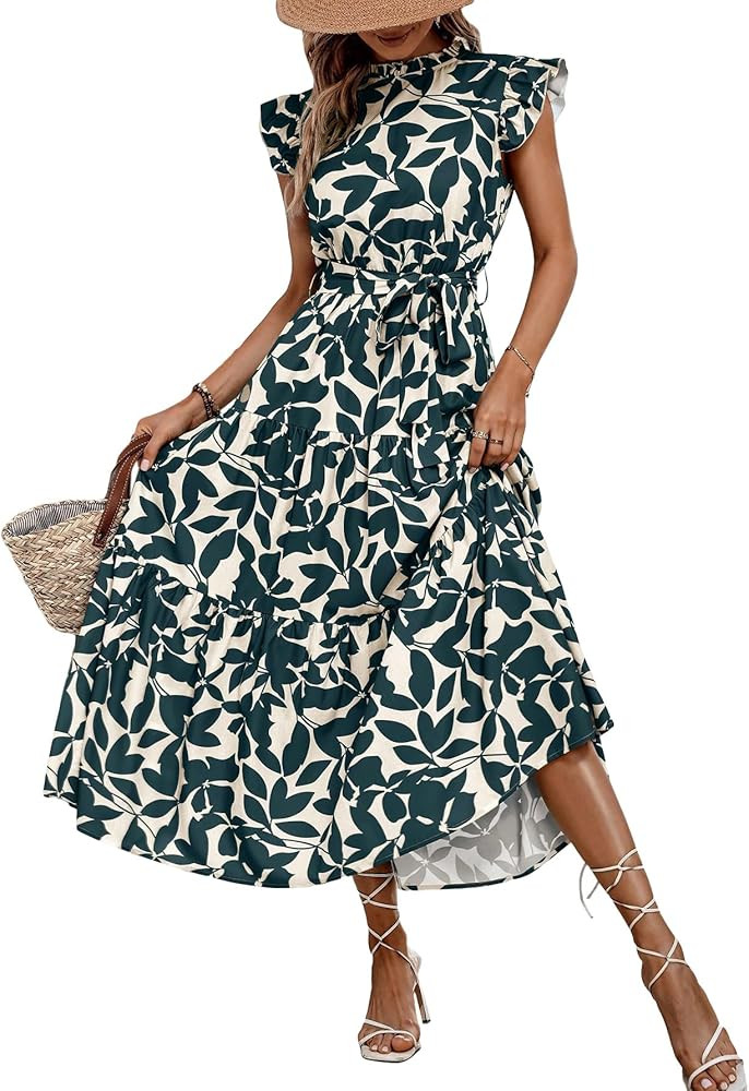 MakeMeChic Women's Casual Floral Print Belted High Waisted A Line Layered Dress Ruffle Cap Sleeve... | Amazon (US)