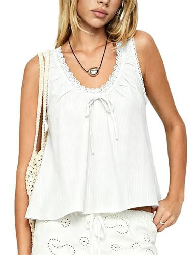 Megfie Women Ruffled Neck Bow Detail Tank Sleeveless Cami Top Summer Casual A Line Loose Fit Blou... | Amazon (US)