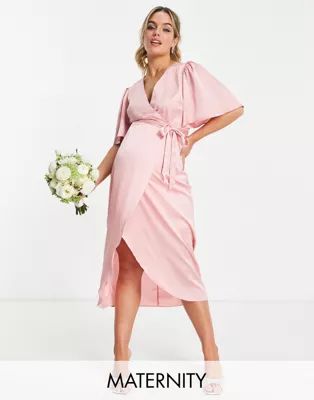 Liquorish Maternity Bridesmaid satin wrap front midaxi dress in soft rose pink | ASOS (Global)