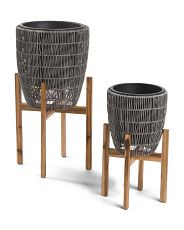 Set Of 2 Outdoor Open Weave Planters On Wood Stand | TJ Maxx