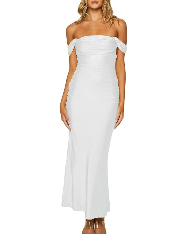 Elegant Satin Off The Shoulder Ruched Backless Maxi Dress for Women Strapless Tube Sleeveless Fit... | Amazon (US)
