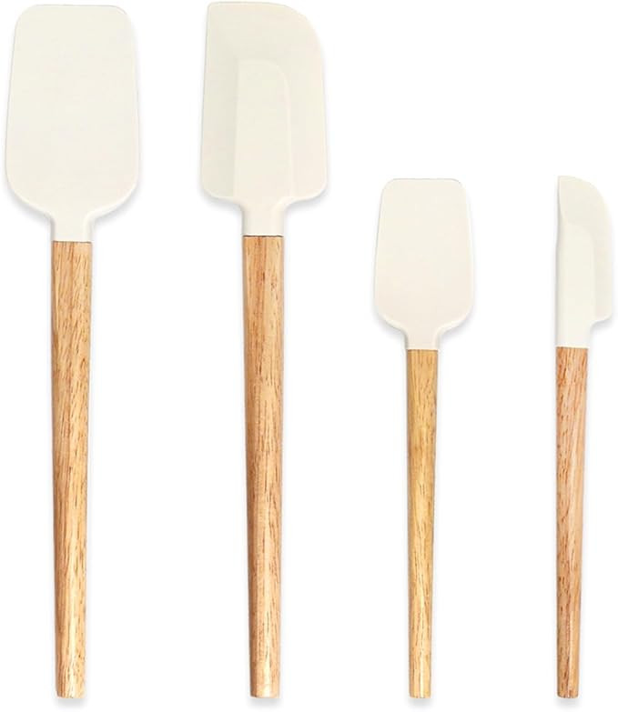 Silicone Spatula Set, 4 Piece Food Grade Rubber Spatula Nonstick Off-White Wooden Spatula, Spoonu... | Amazon (US)