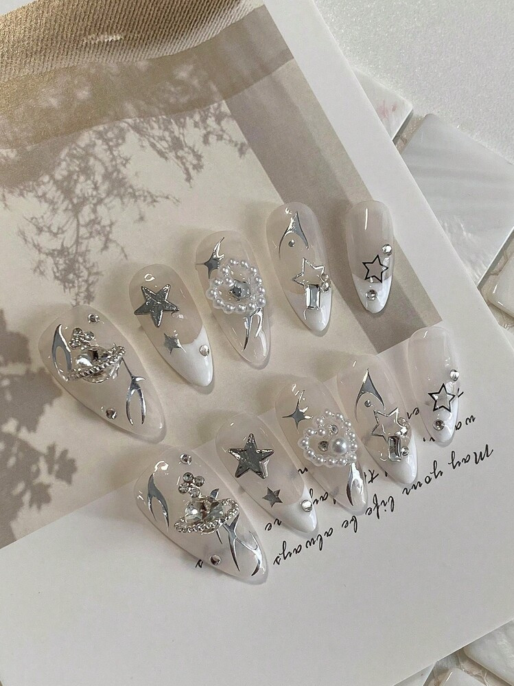 A Piece Of Coffin-Shaped Gold Shatter Glitter Base Pure Handmade Nail-Wearing Champagne, Suitable For Girls, Birthday Parties, Parties, Daily Life, Including A Piece Of Jelly, A Nail Rub Press On Nails Nail Supplies Nails | SHEIN