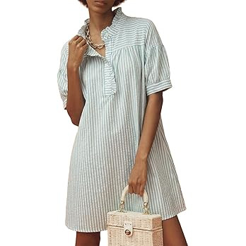 BLENCOT Womens Button Down Shirt Dresses Casual Striped Cotton Stand Collar Ruffle Puff Sleeve Su... | Amazon (US)