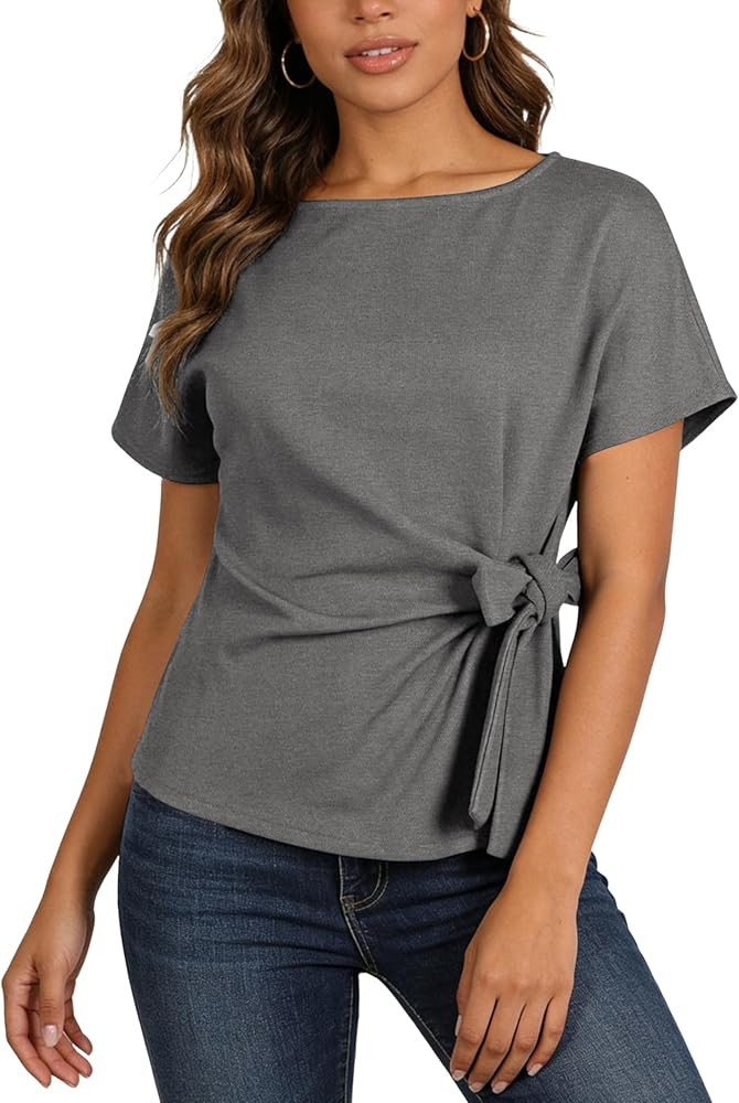 Yeokou Women Ribbed Knit Top Short Sleeve Side Tie Casual Blouse | Amazon (US)