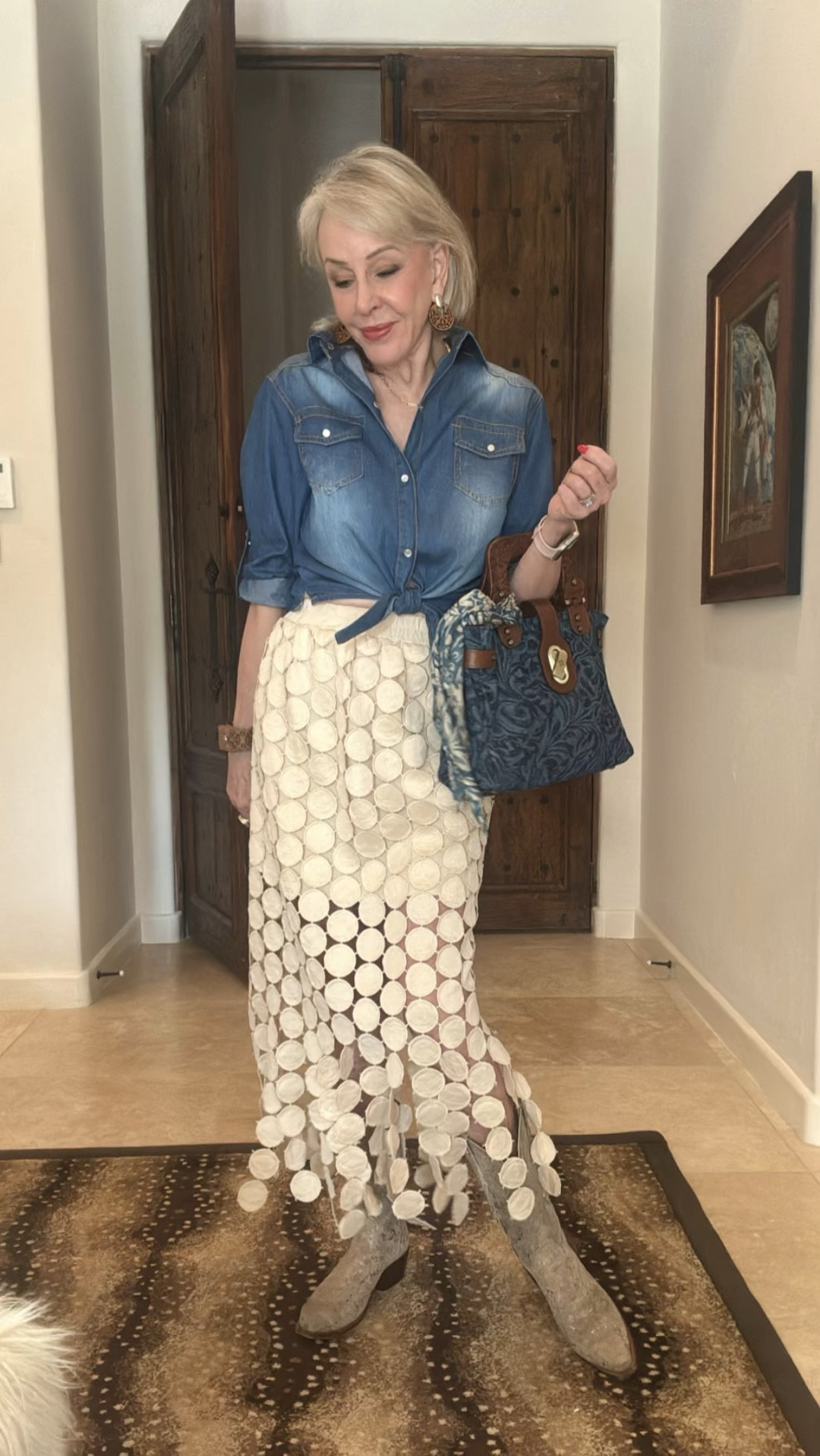 Hollow Out Maxi Skirt is a fusion of comfort and style. Complementing the airy exterior, a soft, skin-friendly polyester lining ensures modest coverage while maintaining a gentle feel against the skin
Comes in 11 colors. It runs slightly big…I am wearing a small. 
Western shirt under $30 comes in 5 colors runs tts. 
Denim bag with tooled leather handle is amazing. 
Chapter top @ etceteranyc wearing a size 8. It runs a little small 
Alice

#LTKParties