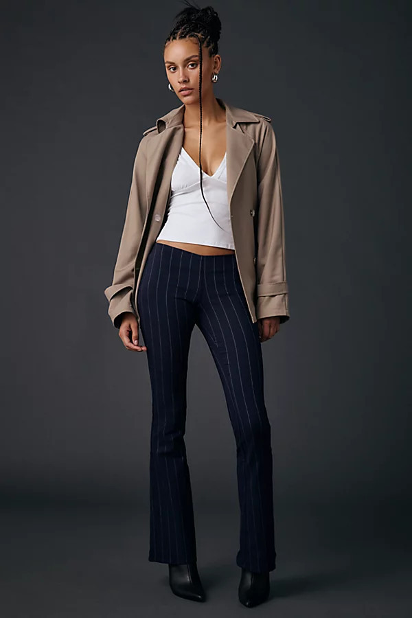 Urban Outfitters UO Hailey Pinstripe Stretch Pull-On Low-Rise Flare Pant in Navy, Women's at Urban Outfitters | Urban Outfitters (US and RoW)