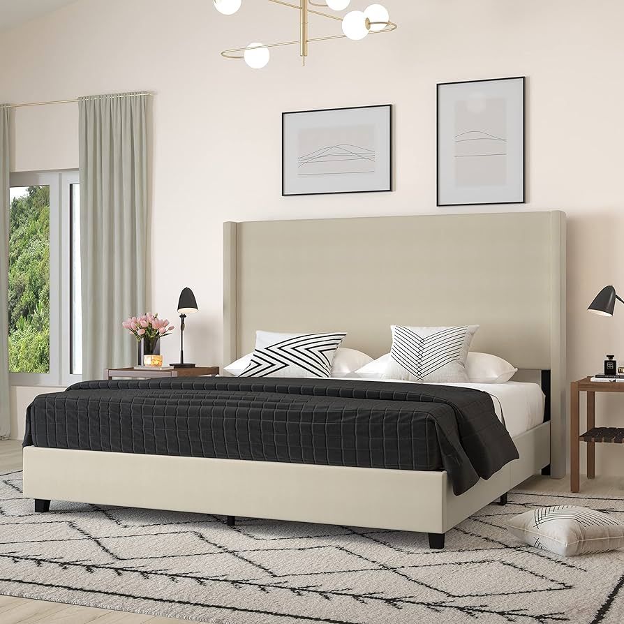 Merrick Lane Bramlett Modern King Size Platform Bed Frame with Padded Faux Linen Upholstered Wing... | Amazon (US)