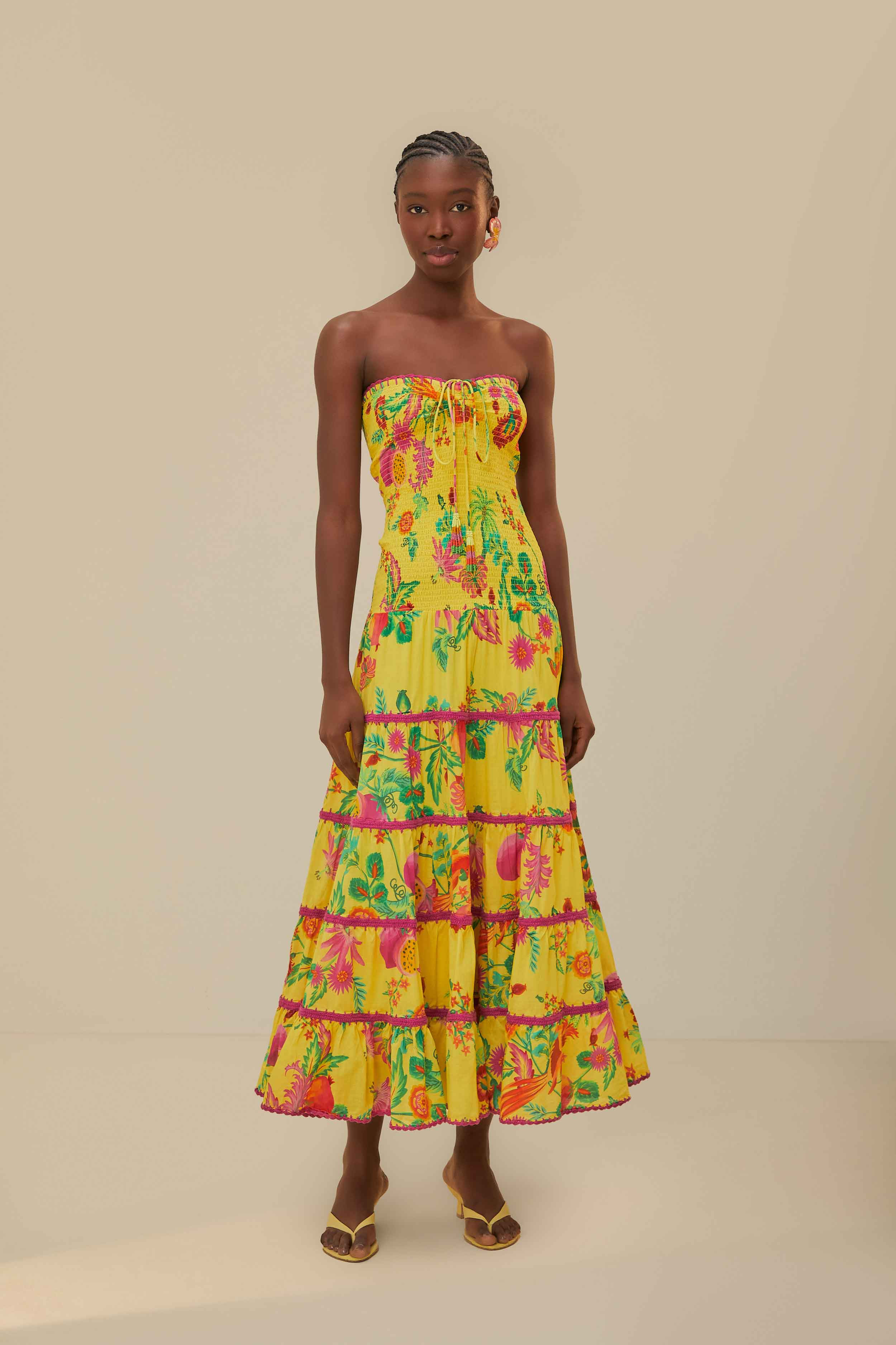 Yellow Delicate Fruit Garden Smocked Maxi Dress | FarmRio (US)