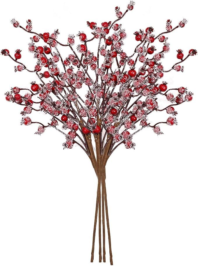 vensovo 4 Pack Artificial Red Berry Picks - Christmas Frost Red Berries Spray Branches, Christmas... | Amazon (US)