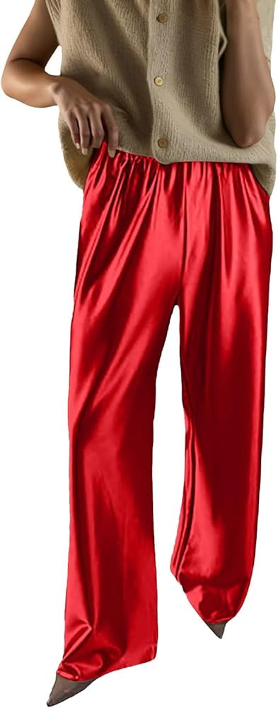 Womens Wide Leg Pajama Pants Satin Silk Casual Loose Elastic Waist Lounge Pants Pj Bottoms | Amazon (US)