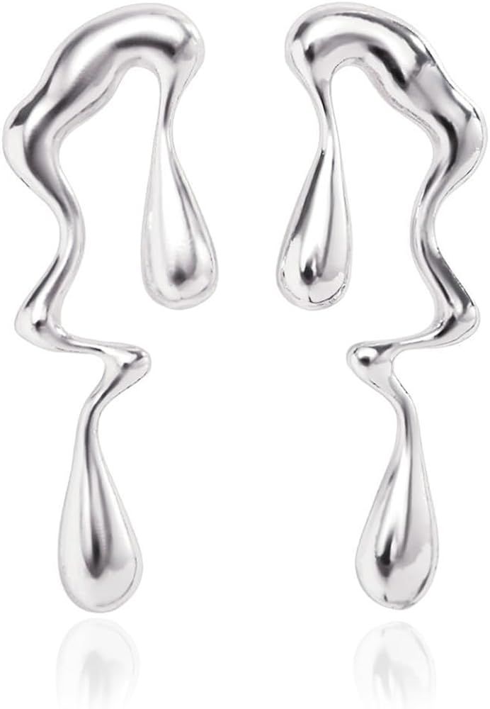 Abstract Mismatched Earrings - Melting Liquid Design, Asymmetrical Silver/14K Gold Plated Stateme... | Amazon (US)