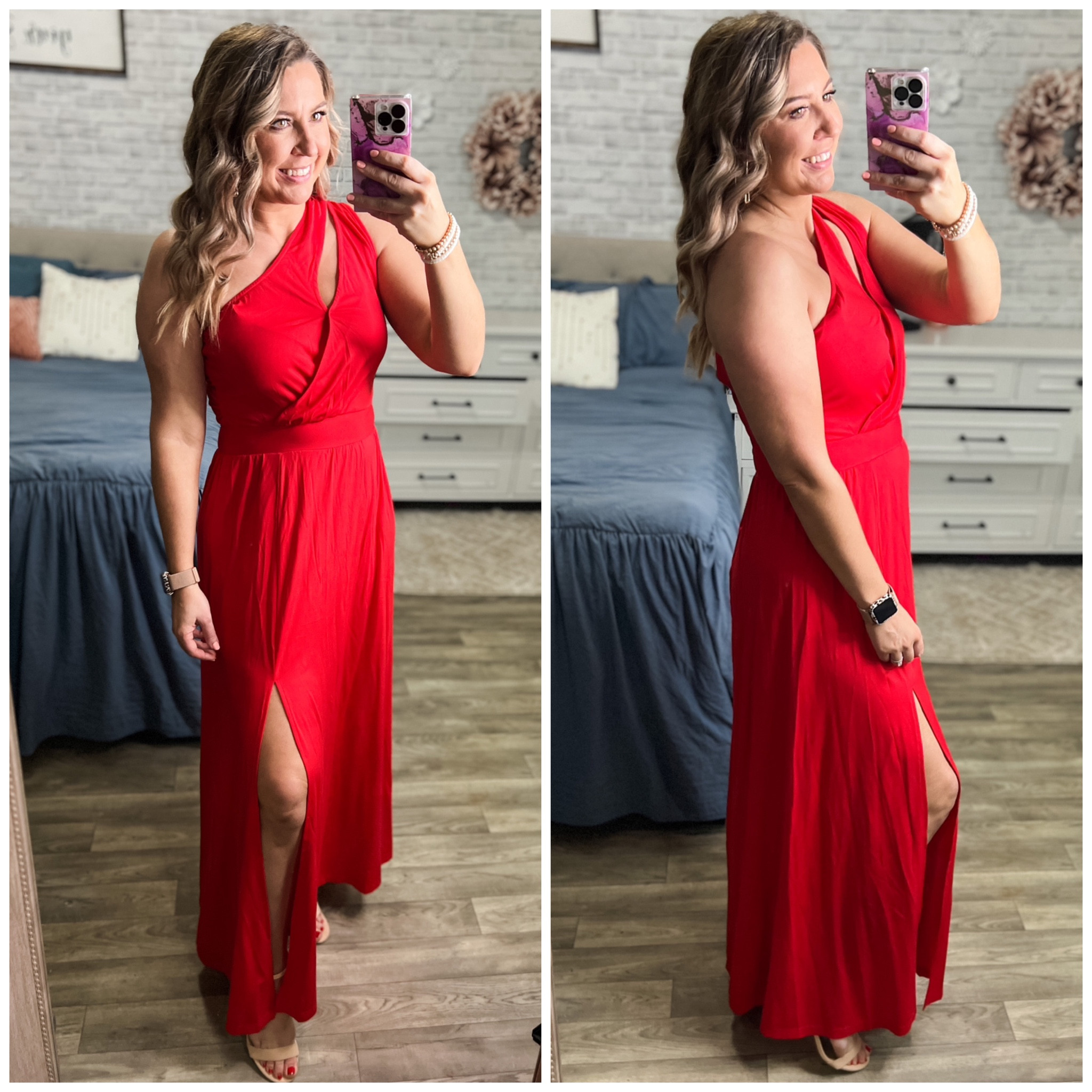 Here’s a great cruise dress option! 😍😍 7 color options but I’m totally in love with this red! It’s a one shoulder with cutout, and a slit. True to size, I’m in the medium.
