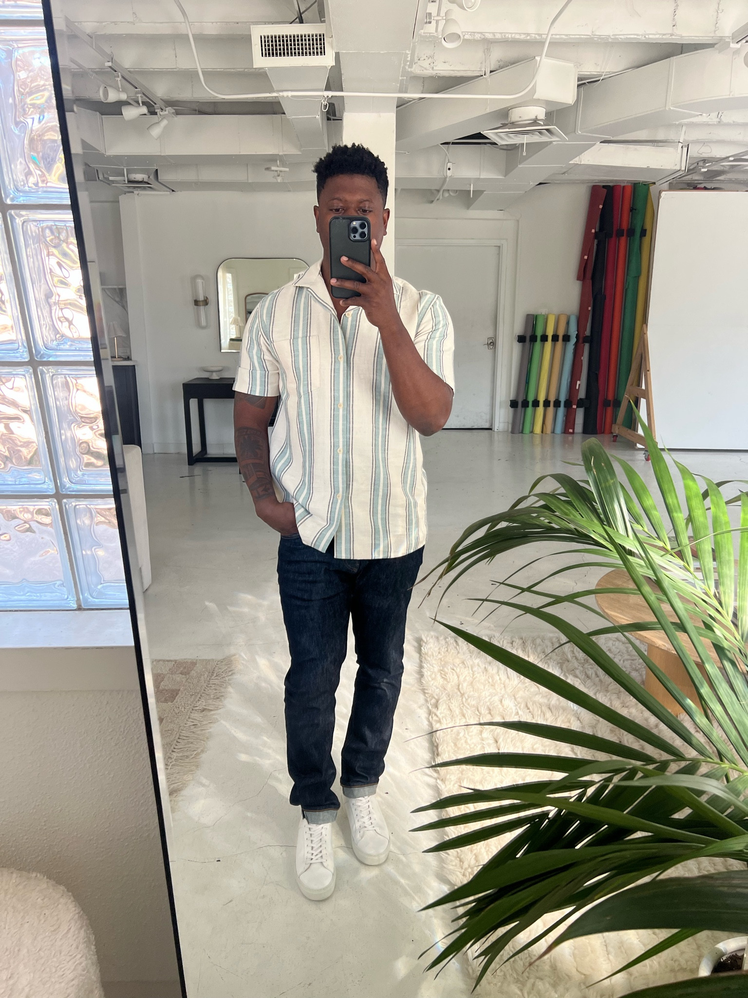 Short sleeve cream button up with green stripes, blue jeans and white sneakers

#LTKfit #LTKmens #LTKshoecrush