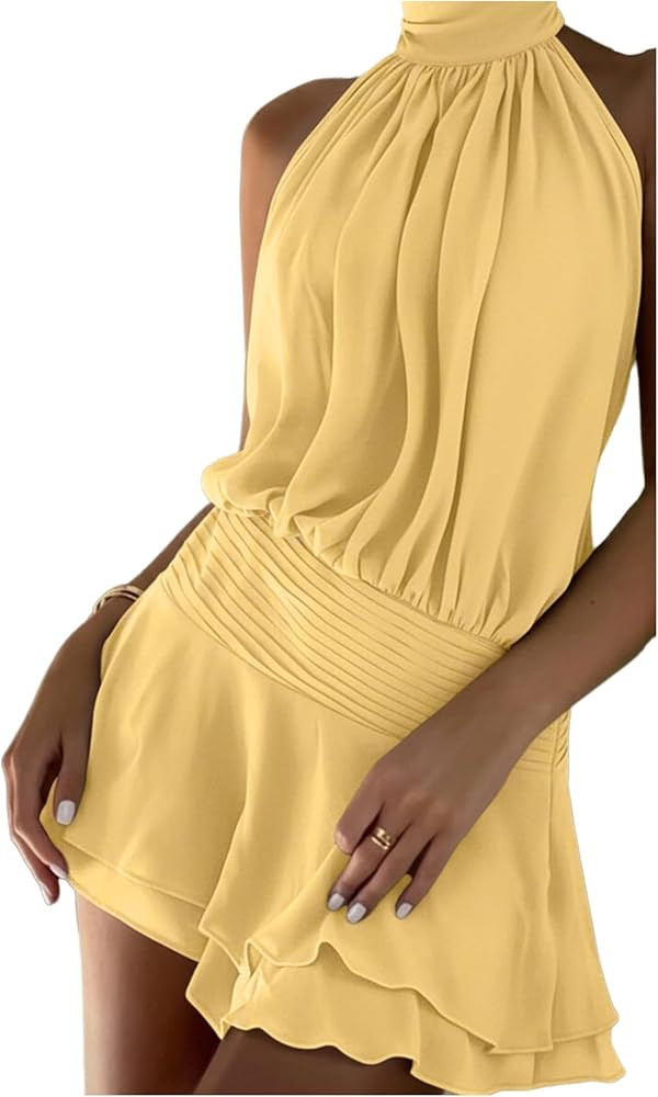 Floerns Women's Summer Mini Dress Sleeveless Halter Backless Ruched Date Night Layered A Line Dresses | Amazon (US)