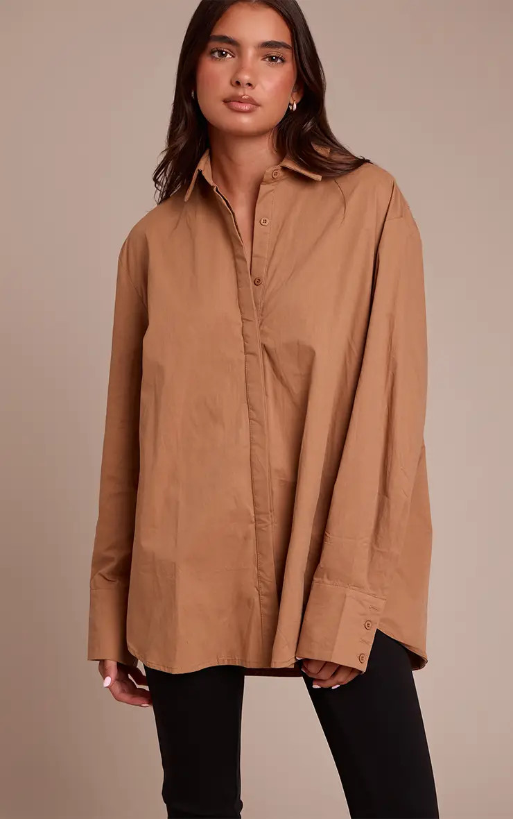 Tan Cotton Oversized Cuff Shirt | PrettyLittleThing USA | PrettyLittleThing US