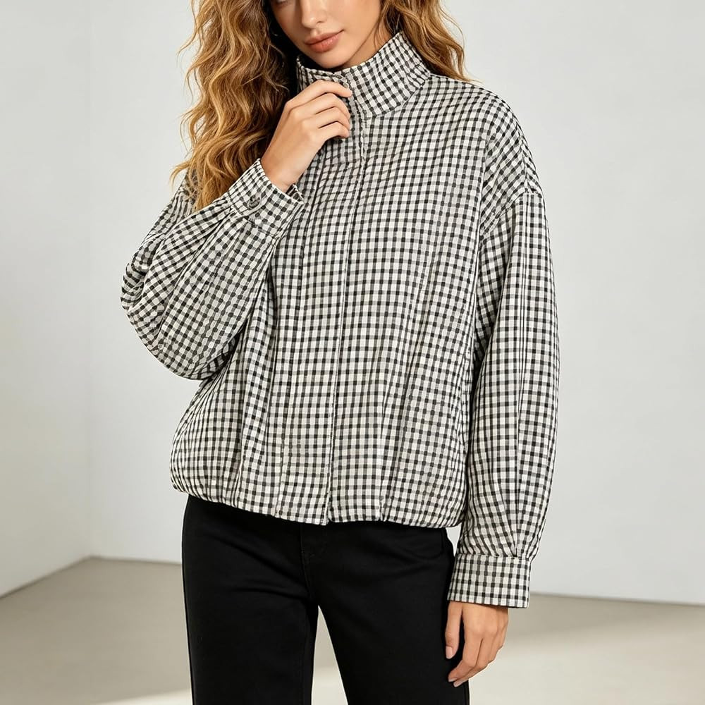 Women's Plaid Jacket Casual Long Sleeve Checked Bomber Jackets Stand Collar, Zip Up Vintage Harri... | Amazon (UK)