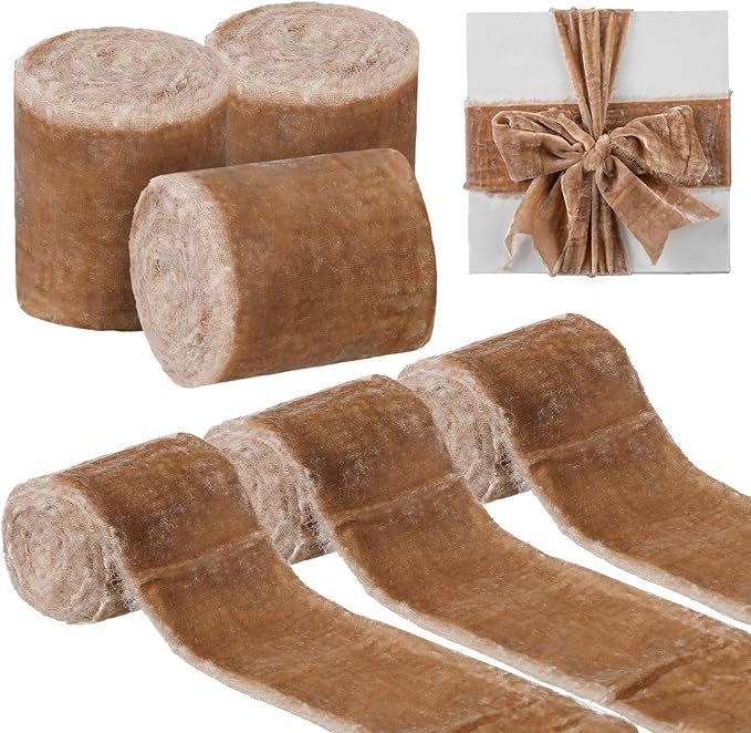 Jutom 3 Rolls Velvet Ribbon for Gift Wrapping Fringe Ribbons Raw Edge Silk Velvet Ribbon Christma... | Amazon (US)