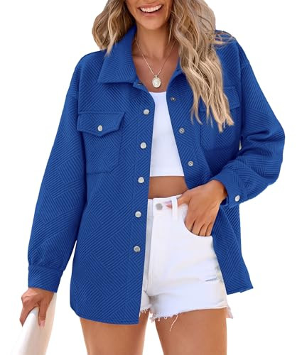 PRETTYGARDEN Women's Oversized Shacket Jackets Spring Fall Fashion Clothes Casual Long Sleeve Loose Collared Blouse Shirts (Bright Blue,Large) | Amazon (US)