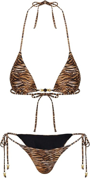 Women's 2 Pieces Zebra Striped Bikini Set Halter Triangle Swimsuit Y2K Tie Side Bathing Suit | Amazon (US)