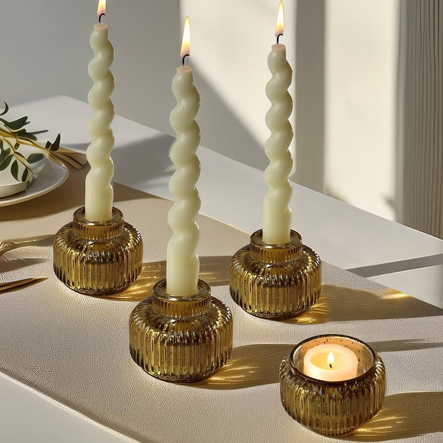 Kate Aspen Taper Candle Holders for Candlesticks, Ribbed Glass Gold Candle Holders Set of 4, Retr... | Amazon (US)
