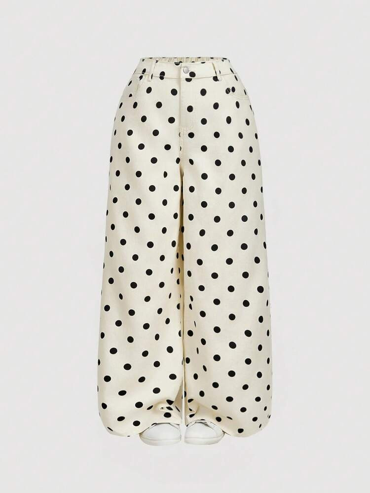 SHEIN MOD Plus Size Women's Polka Dot Casual Loose Straight Leg Jeans Polka Dot Pants Women Long ... | SHEIN