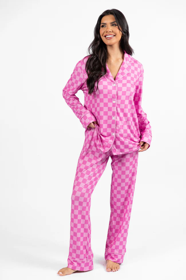 On A Cloud Pink Tonal Checkered Plush Knit Pajama Set DOORBUSTER | Pink Lily