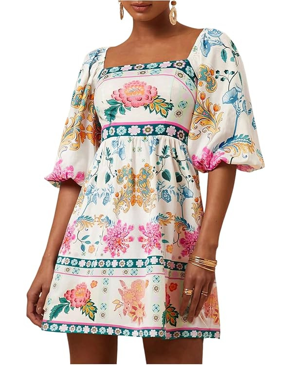 SOLY HUX Women's Floral Print Dress Square Neck Puff Sleeve A Line Short Boho Summer Dresses | Amazon (US)