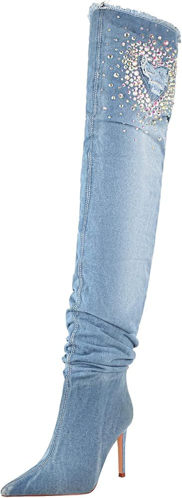 Reitoye Women Denim Thigh High Stiletto Heel Boots Pointy Toe Over knee High Boot | Amazon (US)