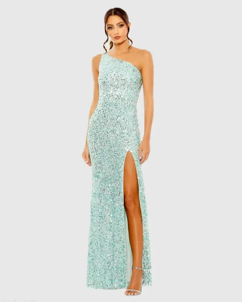 Blue Sequined One Shoulder Gown With Slit - Mac Duggal | Mac Duggal