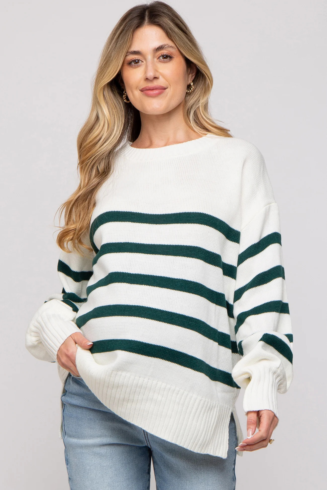 Forest Green Striped Oversized Side Slit Maternity Sweater | PinkBlush Maternity