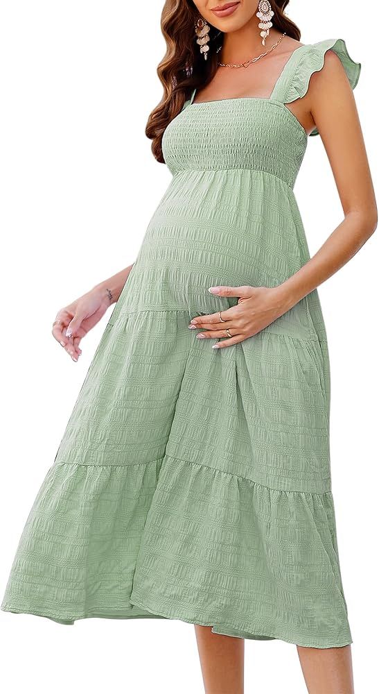 KOJOOIN Womens Maternity Dress Summer Sleeveless Smocked Square Neck Ruffle Casual Boho Midi Dres... | Amazon (US)