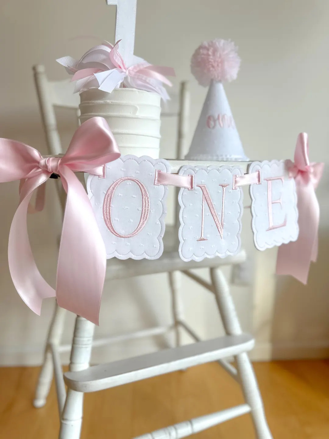 Pink & White Swiss Dot First Birthday High Chair Banner | Classic Pink Cake Smash Photo Prop | He... | Etsy (US)