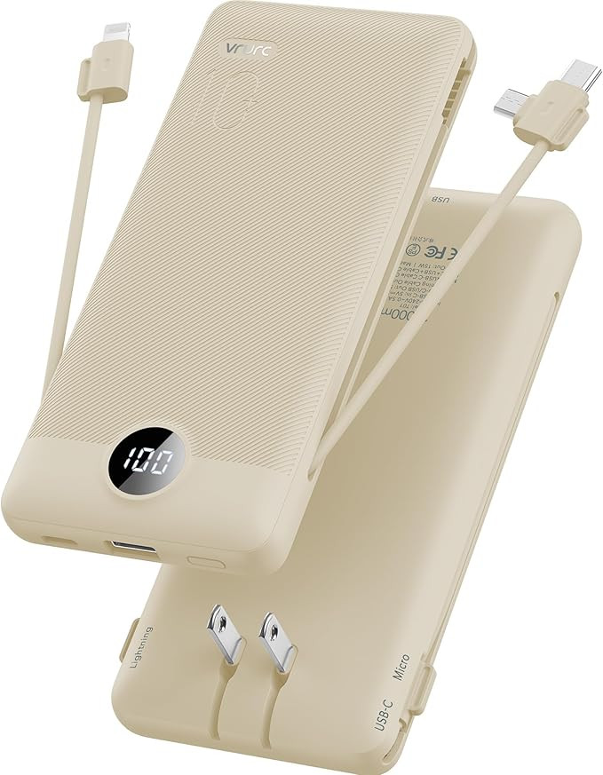 Portable Charger Built-in Cables and AC Wall Plug, USB C Power Bank 10000mAh, Travel Battery Port... | Amazon (US)