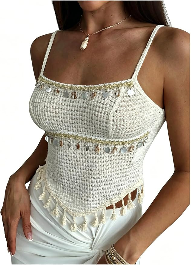 SHENHE Women's Fringe Camisole Top Seashell Spaghetti Strap Asymmetrical Boho Crop Tank | Amazon (US)