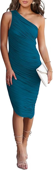 PRETTYGARDEN One Shoulder Dresses for Women 2026 Summer Ruched Mesh Asymmetrical Cocktail Wedding... | Amazon (US)