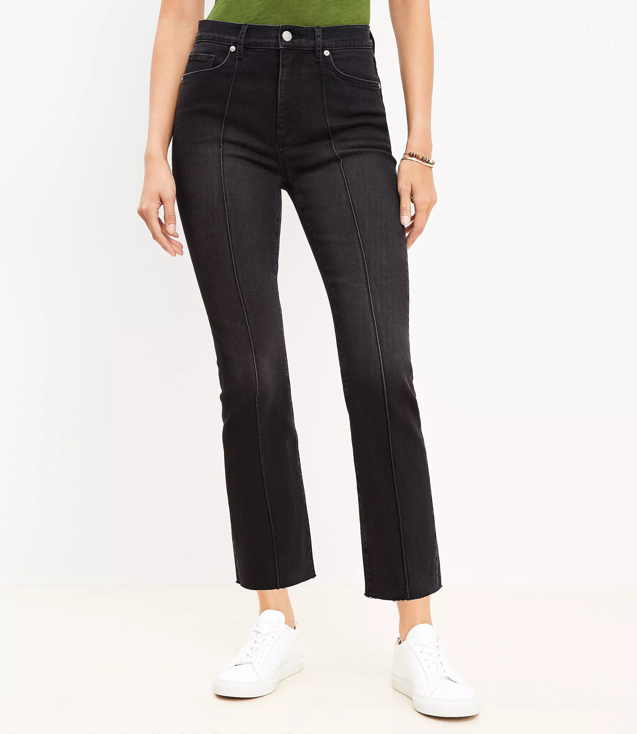 Pintucked Fresh Cut High Rise Kick Crop Jeans in Washed Black | LOFT