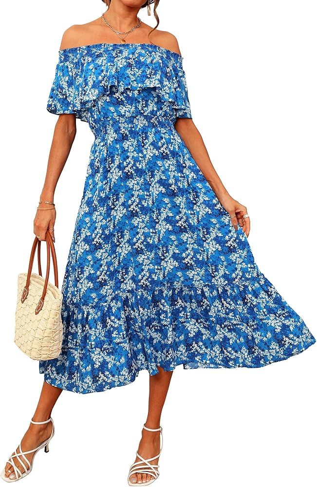 Prettywear Women's Casual Boho Off Shoulder Midi Dress Floral Print Short Sleeve A Line Flowy Sum... | Amazon (US)