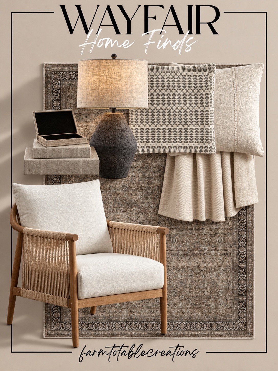 Wayfair Cozy Neutral Home Finds 🤎

These Wayfair finds are all about soft texture and warm, timeless neutrals! The woven accent chair paired with the vintage-inspired rug, patterned pillows, creamy throw, textured lamp, and decorative boxes creates such an effortlessly collected look.

This combination would be beautiful for a cozy reading nook, bedroom corner, or living room refresh. I love how the mix of natural wood, cream, taupe, and charcoal adds contrast while still keeping everything calm and inviting.

Follow @farmtotablecreations on Instagram for more cozy home finds and trending decor.

#LTKHome #Wayfair #WayfairFinds #WayfairHome #NeutralHome #CozyHome #WarmNeutrals #ReadingNook #LivingRoomInspo #HomeDecor #HomeInspo #DesignerInspired #CozyDecor #NeutralDecor #LTKFinds

#LTKHome #LTKSaleAlert