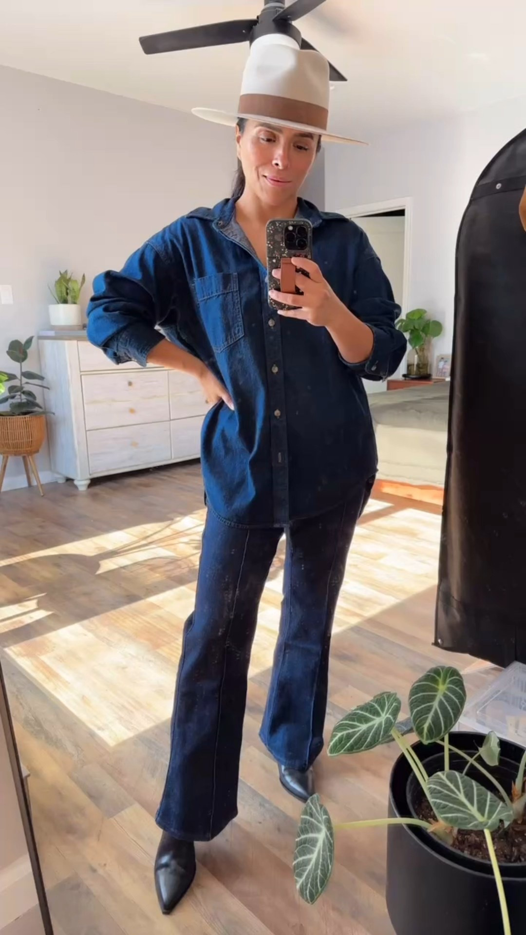 Spanx jeans 
Black booties 
Denim shirt
Denim on denim outfit 
Midsize style 
Aritzia 
Amazon boots 

#LTKMidsize #LTKPetite #LTKOver40