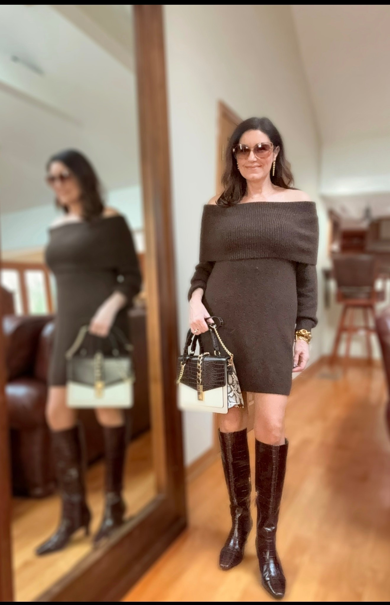 WINTER WOMENS OUTFIT. 
Dress is on sale under $20! Get it before it’s gone. Favorite boots ever! So comfortable and stylish.

#LTKValentine #LTKOver40 #LTKSaleAlert