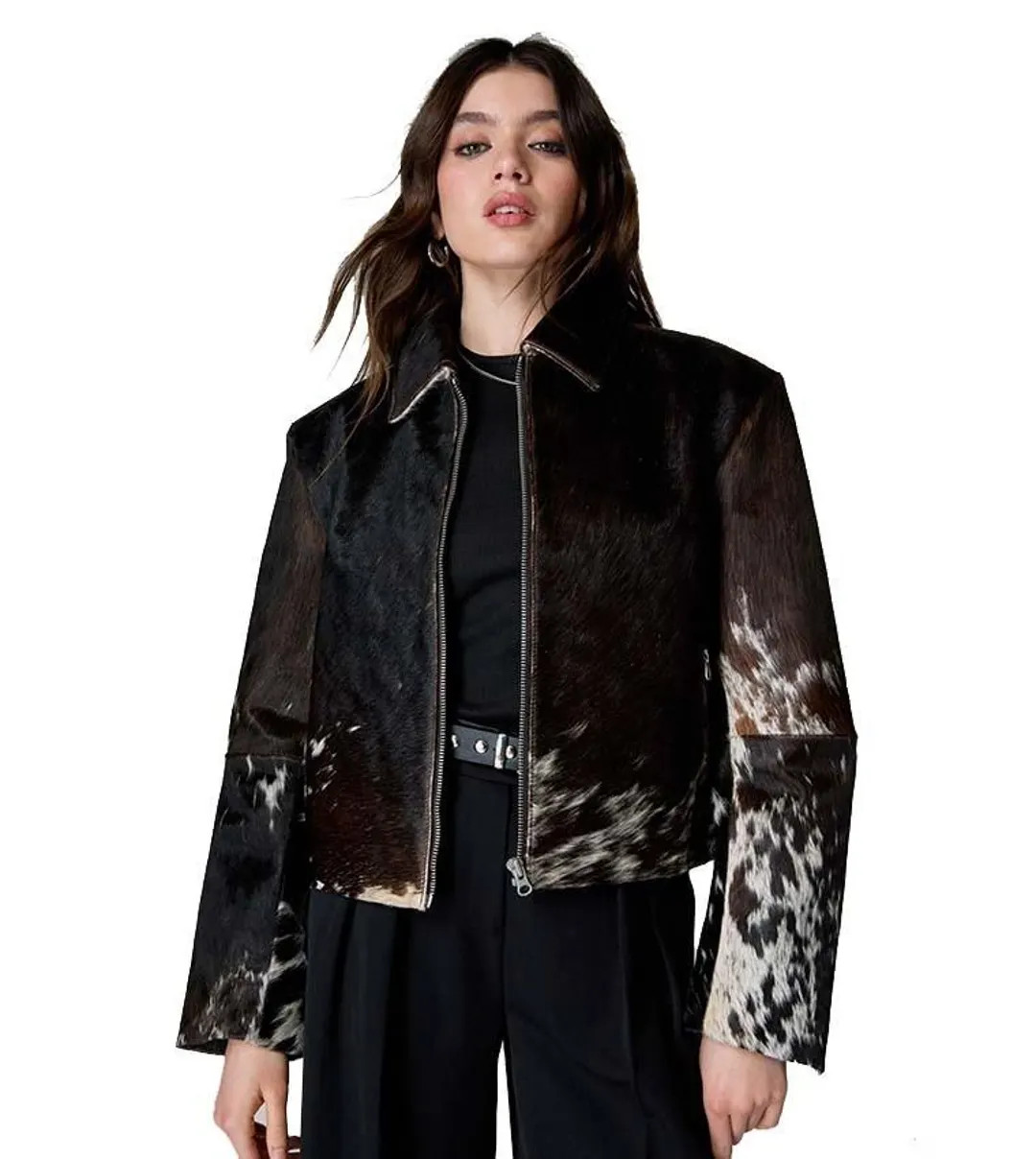 Handmade Cowhide Leather Jacket: Western Boho Style Fur Hide Coat - Etsy | Etsy (US)