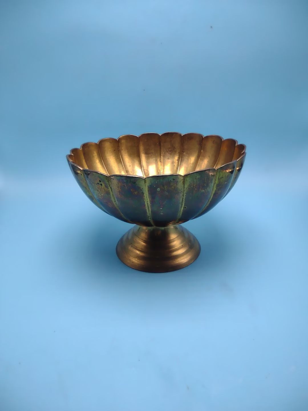 Brass Pedestal Bowl Scalloped Boho Decor Made in India | Etsy (US)