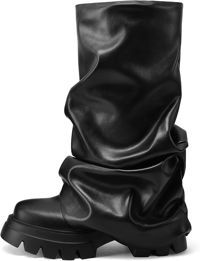 Women's Fold Over Boots Slouchy Boots Wide Calf Pleated Platform Boots Glitter Metallic Silver Bo... | Amazon (US)