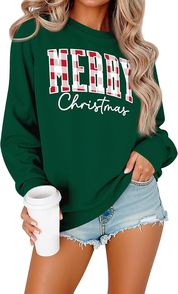 OUNAR Christmas Shirts For Women Merry Christmas Graphic Sweatshirt Christmas Crewneck Long Sleev... | Amazon (US)