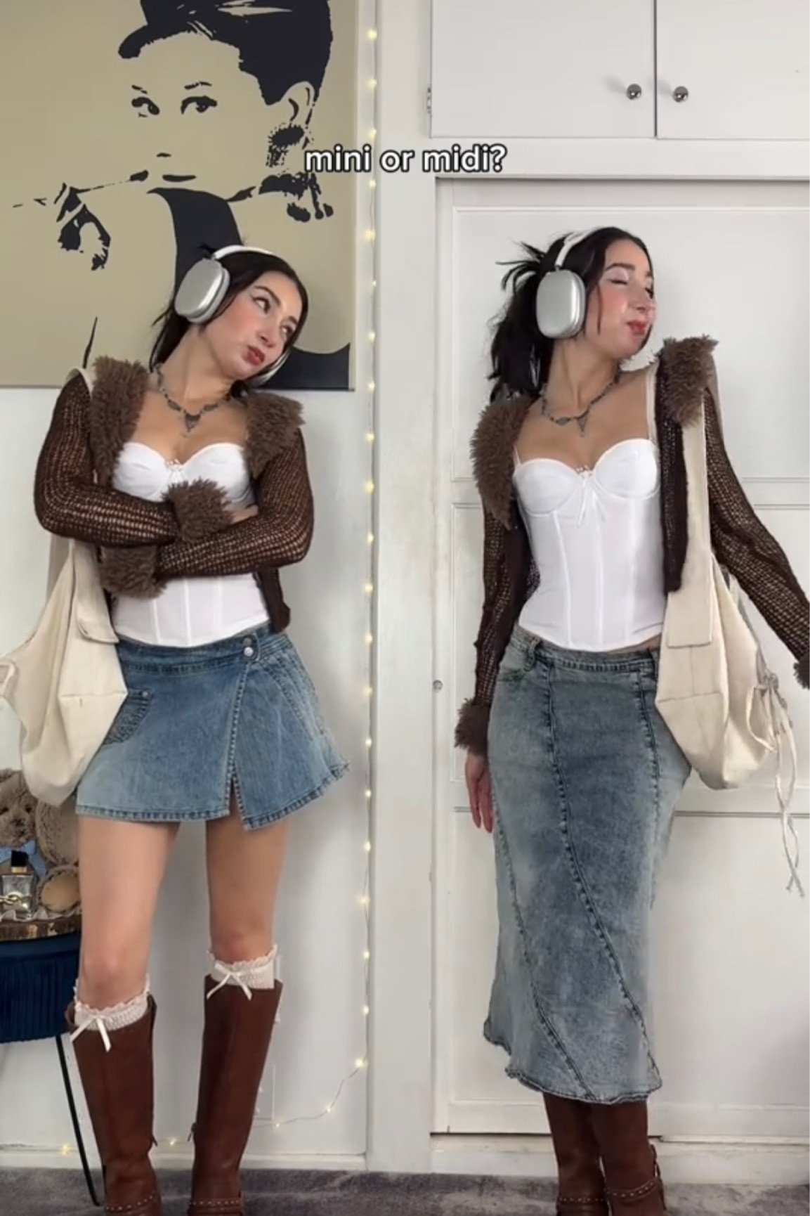 mini or midi? Og brands:

top - 
cardigan - prettylittlething
mini - jlo
midi - minga london
boots - lucky brand 