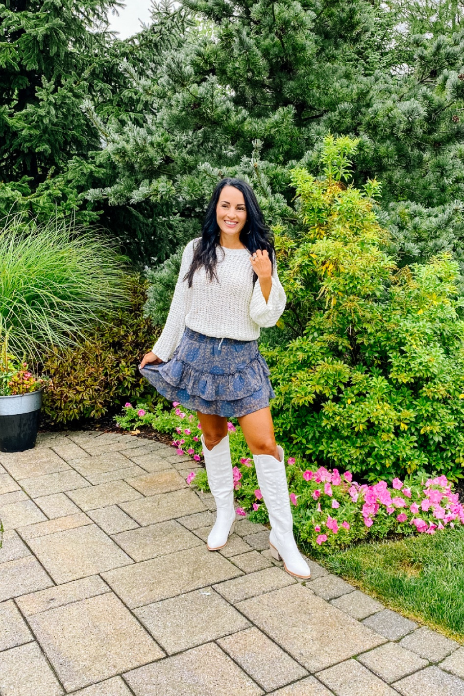 Skirt 
Sweater
White knee boots 

#LTKunder100 #LTKunder50 #LTKstyletip