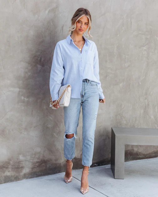 Beyond Words Cotton Button Down Top - Light Blue - SALE | VICI
