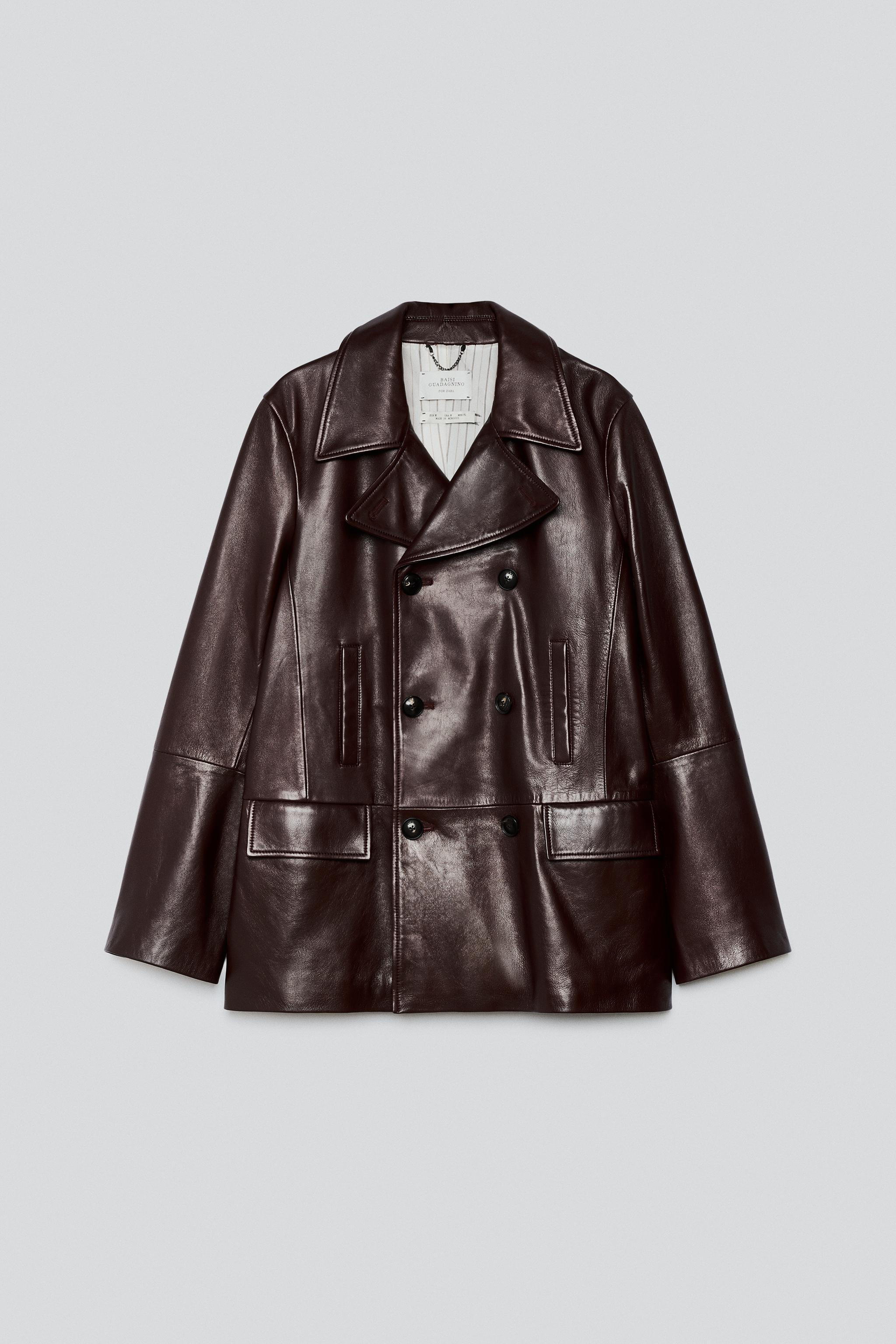 Zara - 100% Leather 3/4 Length Coat - Bordeaux - M - Woman | Zara UK