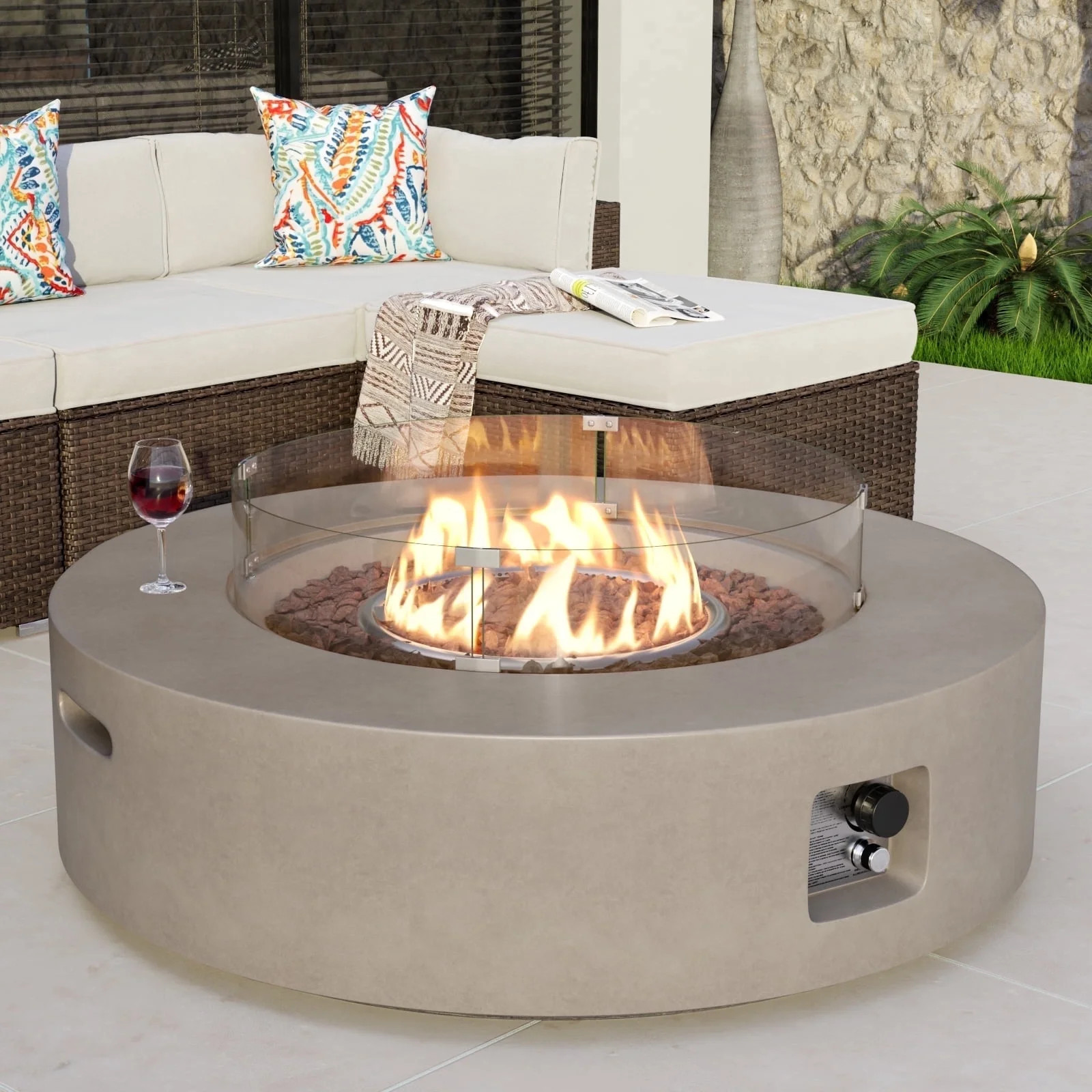 VENTOPYR Outdoor 40.5 inch Round Grey Propane Fire Pit Coffee Table w Wind Guard (Tank Outside) | Walmart (US)